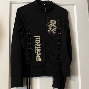 Black Lace-Up Zip Hoodie with Skulls Graphic